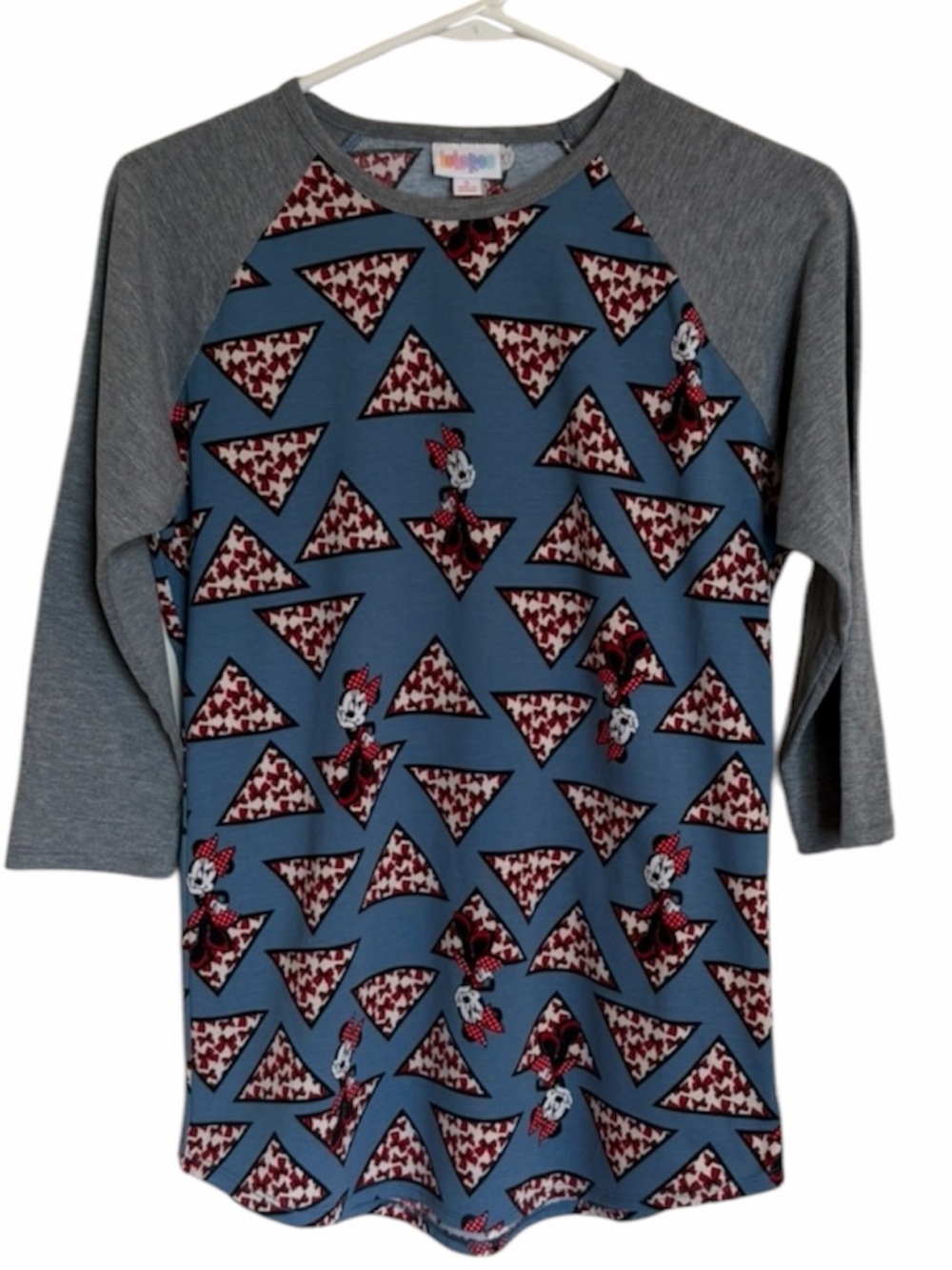 LuLaRoe Blue Raglan Tee with Gray Sleeves and Geometric Minnie Print. Small